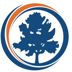 Fulton County emblem: a tree inside a blue and orange ring